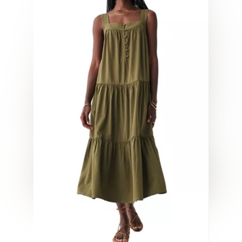Faherty Olive Green Tiered Maxi Dress Size L